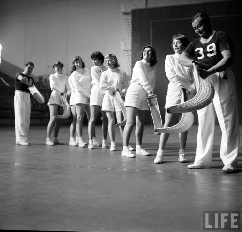 High school girls learning jai alai for gym class(Loomis Dean. 1950)