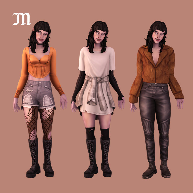 Lilith Vatore, a vampire character from The Sims 4. The image showcases Lilith's 3 outfits.