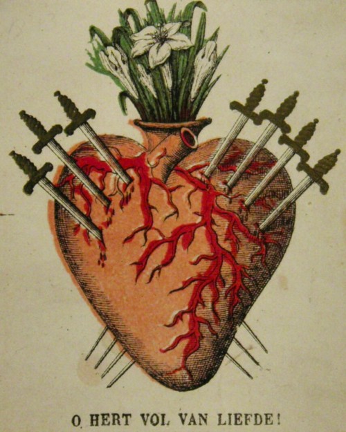 allaboutmary:O heart full of love!A Belgian holy card of the Sorrowful Heart of Mary.