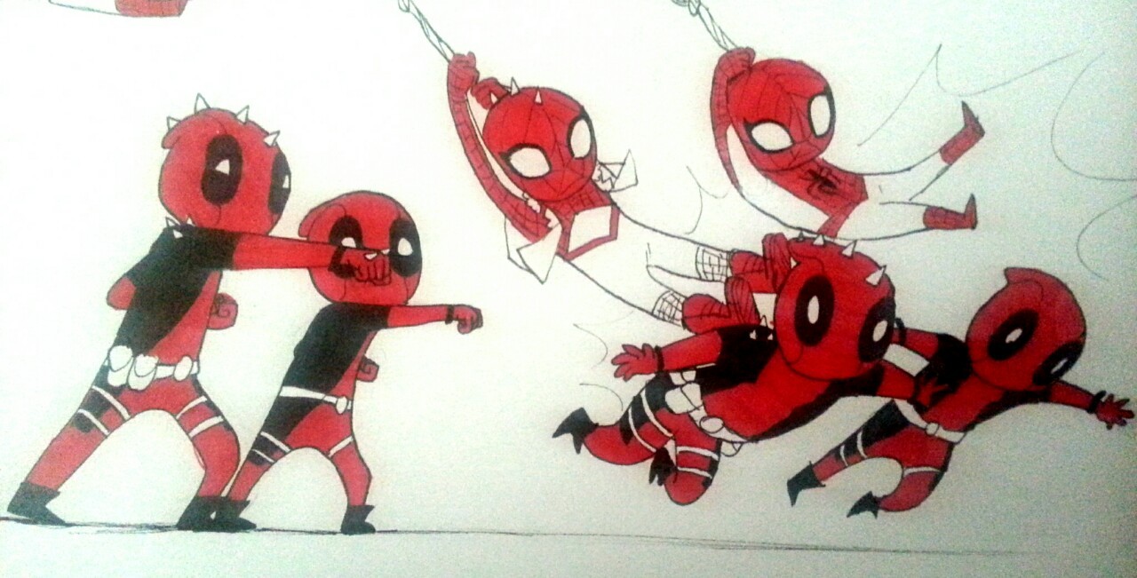 yellow-dress-wonder:  Punk spideypool meets “Bunch of Babies” spideypool.  They