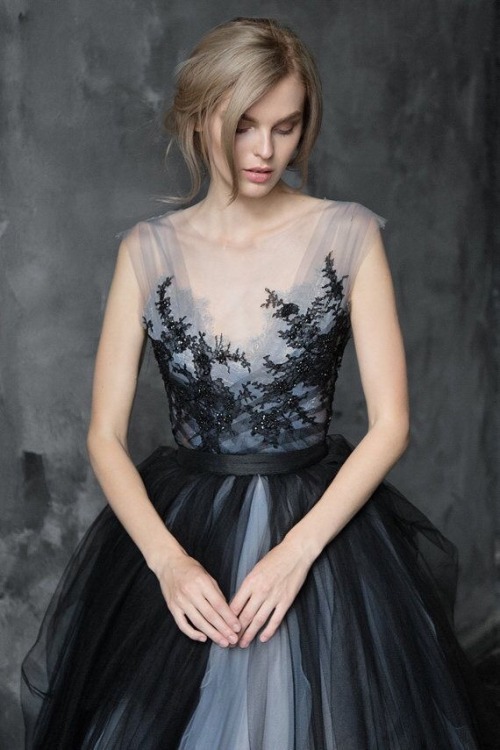 miss-mandy-m:Dark tulle gown with embroidered lace top by  MywonyBridal
