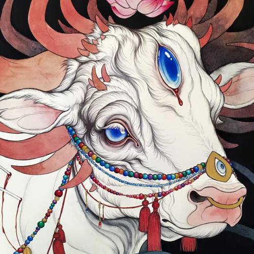 eiruvsq:Artist:Caitlin Hackett“A detail shot of my progress painting in my new sacred bull painting.