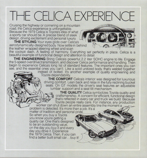 carsthatnevermadeitetc:Toyota Celica US market brochure, 1979. The second generation Celica was desi