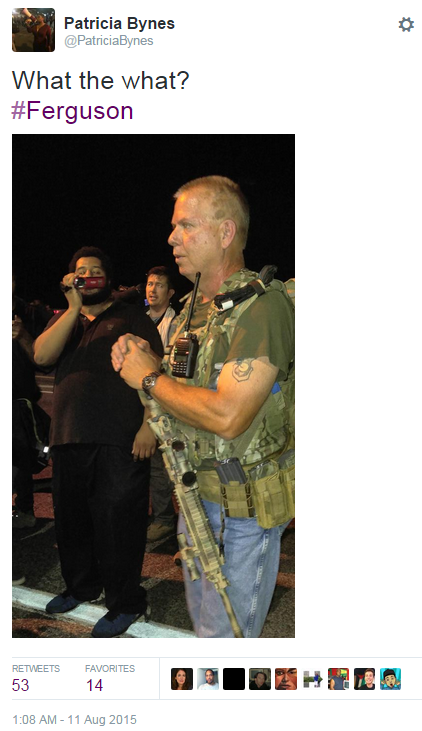 iwriteaboutfeminism:  Three white militia men show up at protest in Ferguson with assault rifles. Po