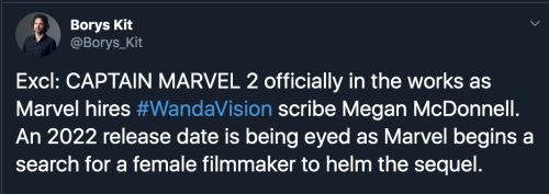 fyeahmarvel:Captain Marvel 2 coming in 2022 with Megan McDonnell writing the script and Marvel is lo