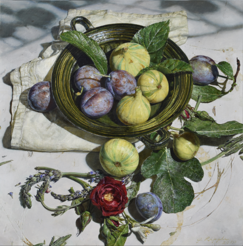 wtxch: Jeffrey Ripple (American, b. 1962)Figs, Plums and Flowers, 2020Oil on Panel