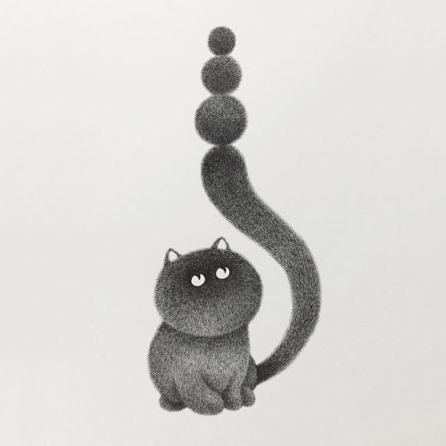 escapekit:   The Furry Thing seriesMalaysian artist Kamwei Fong is the creator of The Furry Thing series: a collection of adorable fluffy black cat ink drawings.