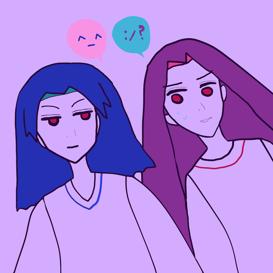 one 'panel' of a comic-type sketch where a young teen antonio is smiling banally at alejandro with red eyes, blue hair like waves and a blue-toned shirt (via shirt collar), while young teen alejandro with red eyes and falling dark hair (represented with violet) is sweating with a wondering smile and worried glance (with red shirt collar). antonio's pink speech bubble has the anime cheery emoticon ^_^ and alejandro's sea-green speech bubble has a tight-lipped doubtful expression with a :/ ? emoticon. the BG is lavender.