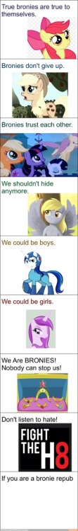 captain-zel:  shadowstar-and-novastar:  bronyatheart:  This is what i want everyone to see! Believe in yourself as much as i do!  Fight the H8 m8  Well, this speaks for my friend, hes a brony. 