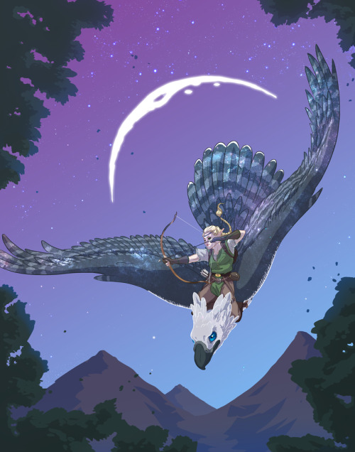 Serilda, the elven hunteress flies on the back of her celestial...