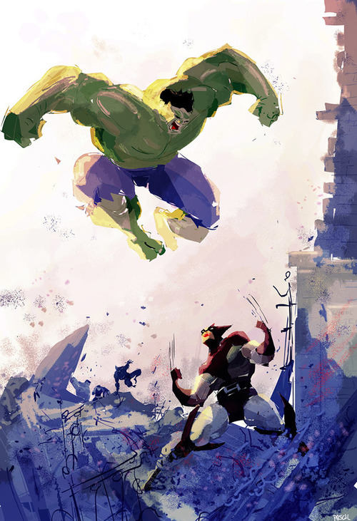 nomalez:  HULK versus WOLVERINE by Pascal Campion. Found Pascal Campion on the web: Website / Blog . My links (follow me): Wolverine / Hulk / Marvel / Comics / Illustration  Awesome!