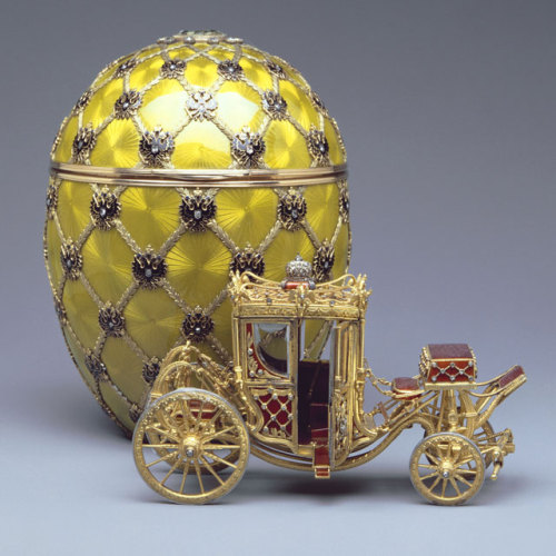 Fabrege eggs1. Bay-tree egg, 1911, with clockwork singing bird2. Coronation egg, 1897 (the coach was