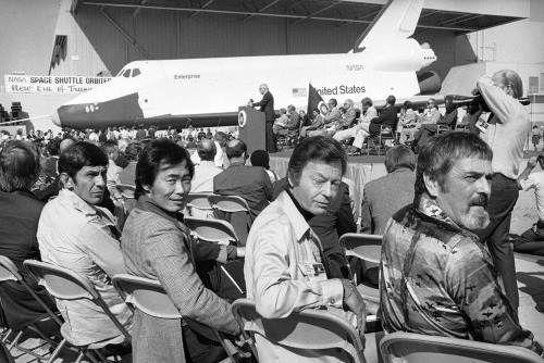 boomerstarkiller67:  Leonard Nimoy, George Takei, DeForest Kelley and James Doohan at the space shuttle Enterprise rollout ceremony on September 17, 1976