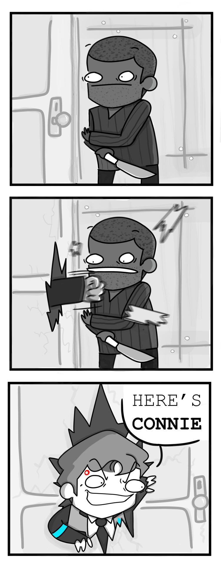 poorlydrawnandroids:
“RED RUM.
So I’m reading this fanfic (lovely so far), and at one point Connor punched through this closet door in one of my favorite scenes ever. But it made me think of this scene from The Shining.
So have machine!Connor on a...