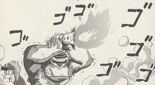 cavalier-renegade:  suppermariobroth:  Yes, this is indeed Eddie the Mean Old Yeti from the Donkey Kong Country cartoon, catching a missile with his bare hands in a manga.  Why are the Jojo “menacing” SFX there   yare yare