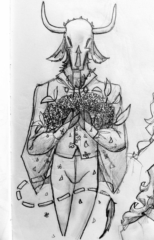 The creature once again with fancy clothes, his skull front a front view. The light in his eyes dessapears. He is holding a bunch of hydrangeas, which petals fall.