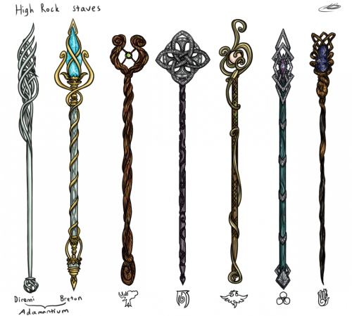 Top: Modern Breton and ancient Direnni staves. Bottom: Breton mages from Northpoint, Daggerfall and 