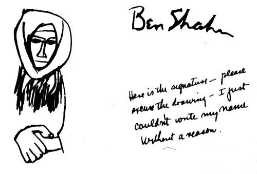 Signature and sketch left by Ben Shahn on an artist statement from his 1954 exhibition The document 