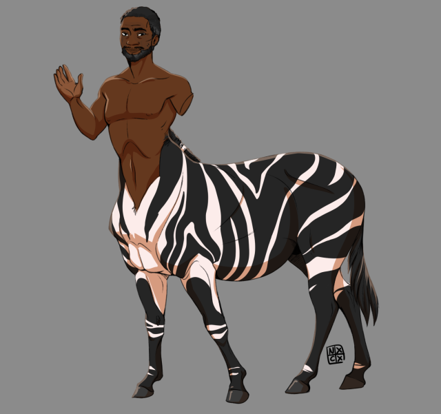 A male centaur. His human half is a dark skinned black man waving to the viewer. His horse half is a zebra with unusually thick black stripes and black legs. He is handsome. 