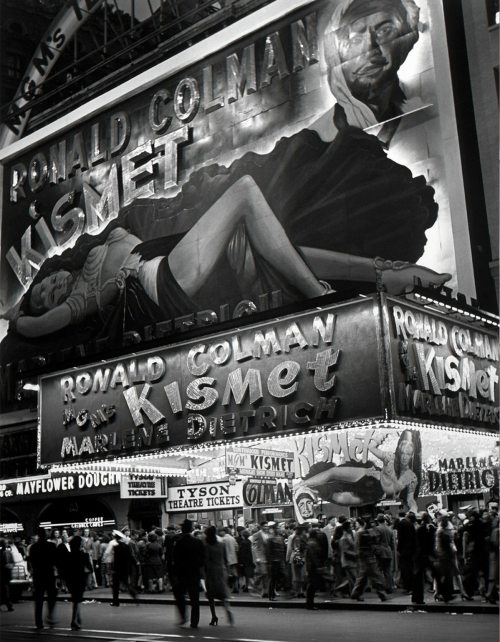 Huge billboard depicting Marlene Dietrich in Kismet, over Astor Movie Theater Marquee, Times Square,