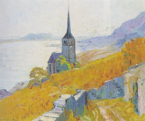 Autumn Colours of Ernst Samuel GeigerGerman 1876-1965-   The Church of Ligerz , 1922-  Autumnal View