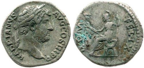 Coins with laureate, radiate, or diademed heads of emperors (obverse) and the goddess Roma (reverse)