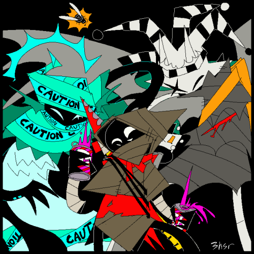 A drawing of Wayward Vagabond, ARDragonsprite (a combination of Aimless renegade and Dragonsprite), Serenity the firefly, and Peregrine Mendicant. WV has his makeshift spear on his back, a red banner tied around his torso, and has tape covering his wrists. He's standing in the middle, holding two Tab cans which are fizzing and splashing around him. ARDragonsprite is floating behind him to the left with a glowing teal light. Serenity is flying above his head. PM stands behind both of them to the right, and is holding her sword out non-threateningly. She is prototyped, with a harlequin hat and her yellow mail bag added to the design. All of them are very happy, and dancing or partying in some way.