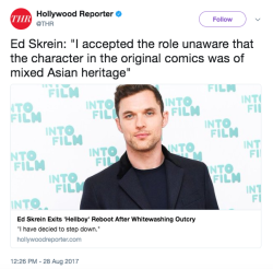 malfvoys: thesaltyspice: Ed Skrein Exits ‘Hellboy’ Reboot After Whitewashing Outcry GOOD THINGS ARE HAPPENING 