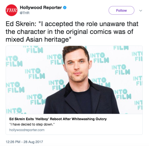 nanoochka: malfvoys: thesaltyspice: Ed Skrein Exits ‘Hellboy’ Reboot After Whitewashing 