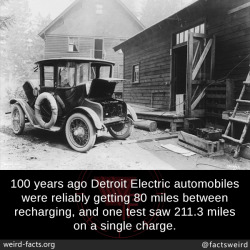 mindblowingfactz:  100 years ago Detroit Electric automobiles were reliably getting 80 miles between recharging, and one test saw 211.3 miles on a single charge.