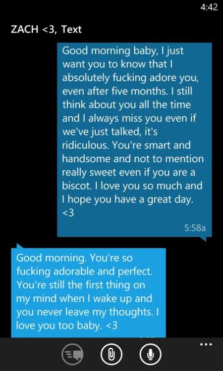 di5pute:  expressivism:  donutsoe:  br-eathinq:  patientlights:  I’ve been dating my boyfriend for 5 months today. The first time he ever told me he liked me vs good morning texts from today.  This is so fuckin cute oh my god  omfg, hoping they lasts