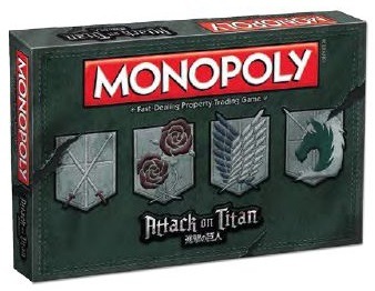 snkmerchandise:  News: USAopoly’s Attack on Titan Monopoly Game Original Release Date: July 2016Retail Price: ื.95 USDNotes: For 2-6 players. Ages 8 and up. USAopoly has announced a new edition of the popular Monopoly board game, featuring Shingeki