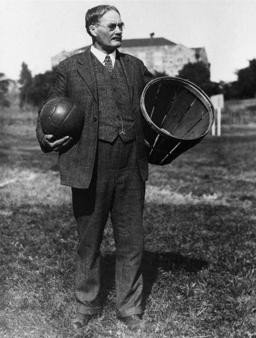James Naismith, the inventor of basketball, holds an early ball and basket used for the game - c.1930’s [2217x2916] Check this blog!