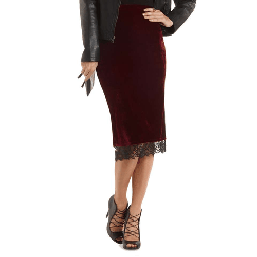Lace-Trimmed Velvet Midi Skirt