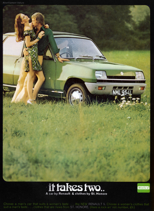 Advertisement feature for Renault and St. Honore, Cosmopolitan, November 1972Photography by Anthony 