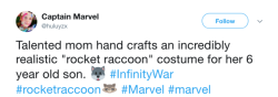 uncleromeo: anjieluvs:   great-tweets: I am simultaneously impressed and terrified.  I refuse to believe this isn’t actually Rocket    “talented mom” is either an incredibly talented practical effects designer or a furry with a lot of free time.