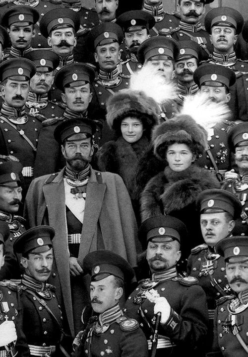 Nicholas II and the Grand Duchesses Olga and Tatiana Nikolaevna with officers. Russian Empire, Tsárs