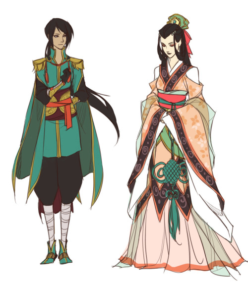 dorodraws:Some random East Asian themed character/costume concepts I did for fun.Featuring the Shing