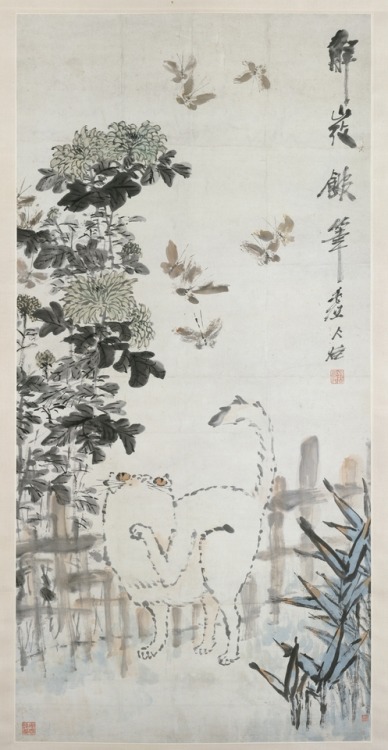 XU GU. 清 虛谷 蝶貓圖 軸 (Cat and Butterfly), 19th century, hanging scroll - ink and color on paper.