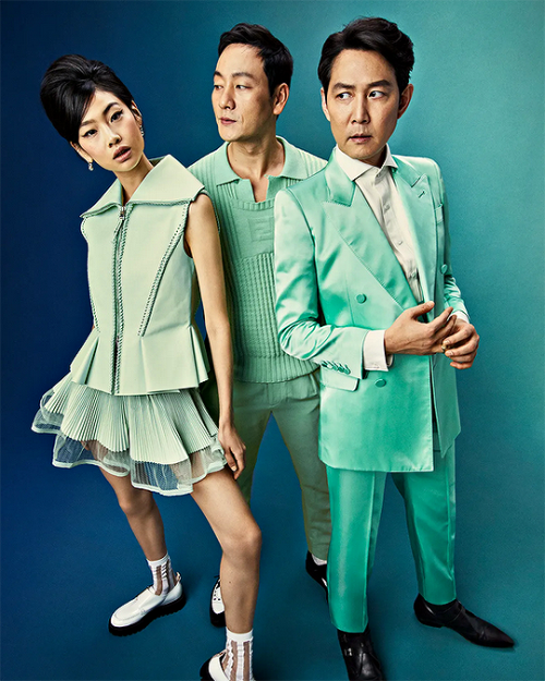 netflixdramas:Jung Ho Yeon, Lee Jung Jae and Park Hae Soo photographed by Ahmad Barber and Donte Mau