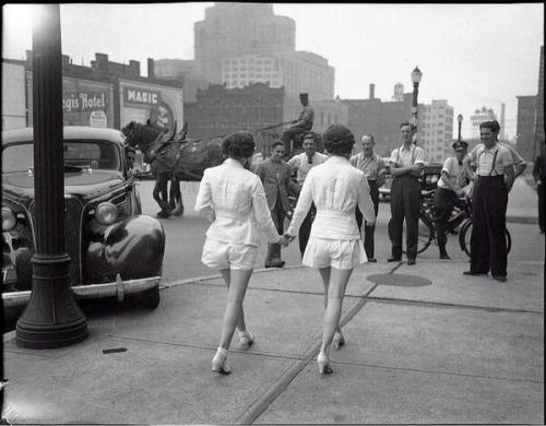 evasionrose:In 1937, two women wore shorts out in public for the first time. They drew a huge amount