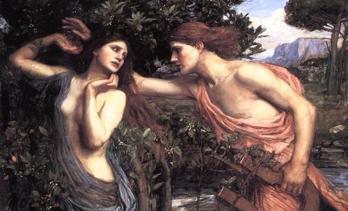 Painting: A man in robes, carrying a Lyre (Apollo) chases after a woman in a blue dress as she transforms into a tree (Daphne).