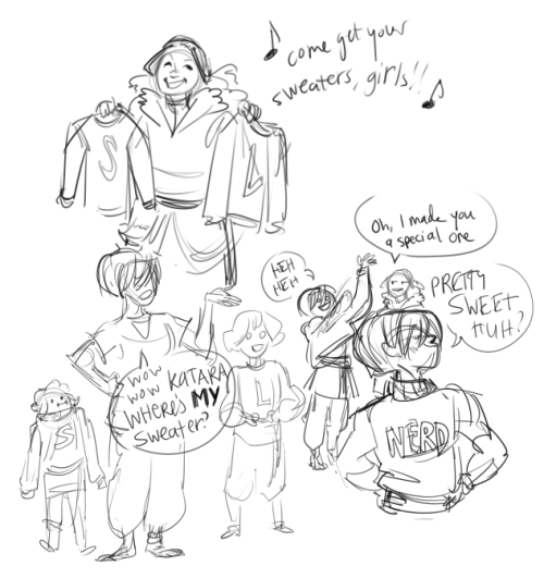 makanidotdot:  katara and being ms weasley and weasley sweaters came up a while ago???