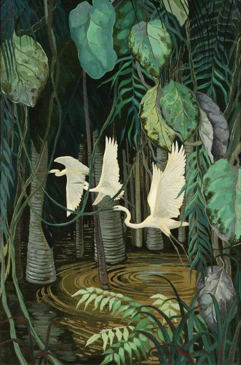 thunderstruck9:Jessie Arms Botke (American, 1883-1971), Egrets in a Swamp. Oil and gold leaf on boar
