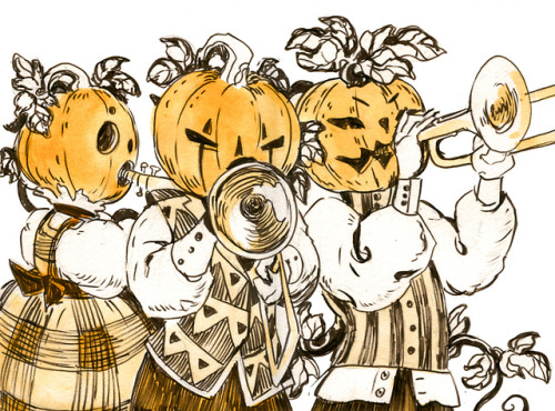 Inktober 26 - Music - Noise - Sepia Ink brush pen, orange inksound of distorted kazoos