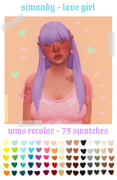 plushymoth:♡  simandy’s love girl hair (wms) ♡base game compatiblecomes in the wms unnatural, natura