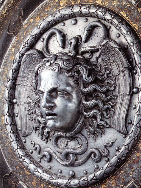 happyprimate:Shield of Charles V with head of Gorgon. Made by Filippo and Francesco Negroli (1541).-
