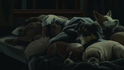 trublueart:   Let Sleeping Dogs Lie  I imagine this only could happen on a night where Will didn’t have sweaty, fevered nightmares or sleepwalked.  I was seriously dying from the cute while drawing this. 