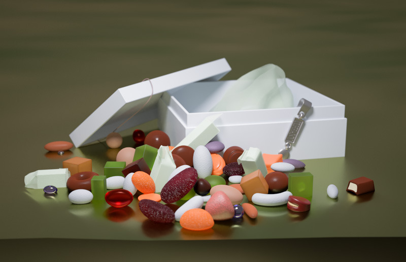 Joseph Decker’s Upset
Rendering took about four hours in RenderMan using the VCM integrator. All of the textures in this one are procedural. The candy wrappers are done by hand; the tissue paper is a combination of hand-modelling and cloth...