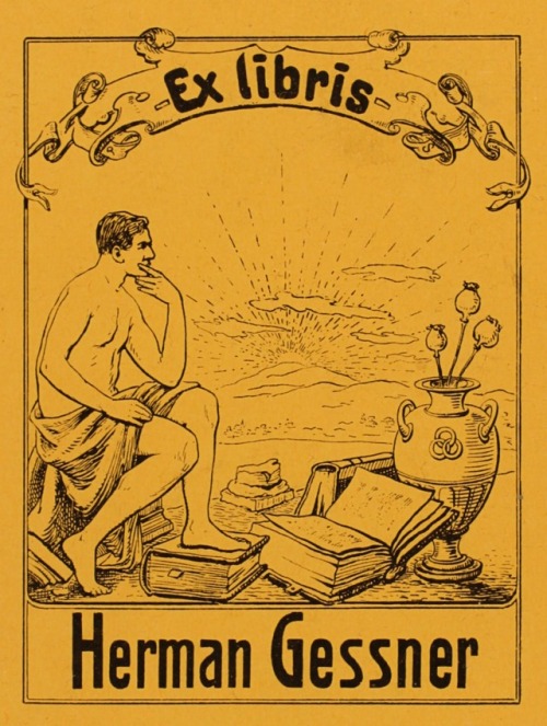 Herman Gessner bookplate. Artist: P. Schulz.Surrounded by books, one open, a man contemplates while 